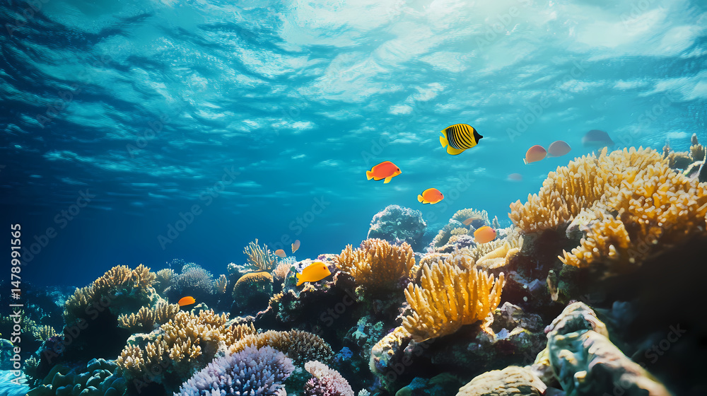 Naklejka premium Underwater scene with coral reef and tropical fish in blue water, digital art, vector illustration. [Silicon Wilderness] | Coral Codec | digital reef. Illustration