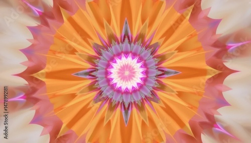 Ethereal kaleidoscope of orange, pink and lavender hues, evoking feelings of warmth, joy, and spiritual tranquility through intricate fractal patterns