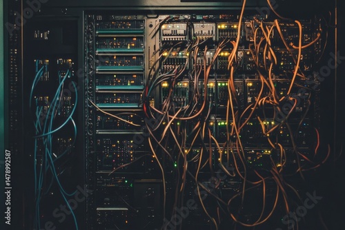 Intricate network of server cables and components.