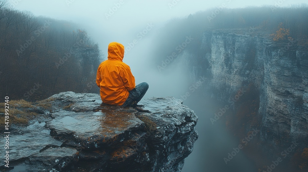Obraz premium Solitude in the Misty Mountains: A Contemplative Moment on a Cliff Edge