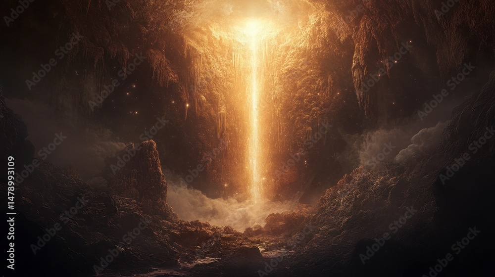 Obraz premium Glowing beam of light shines from a deep cavern, illuminating rocky walls and misty ground.