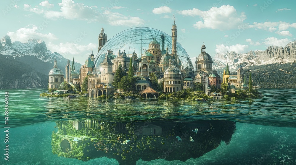 Fototapeta premium Glass dome city on ocean floor.