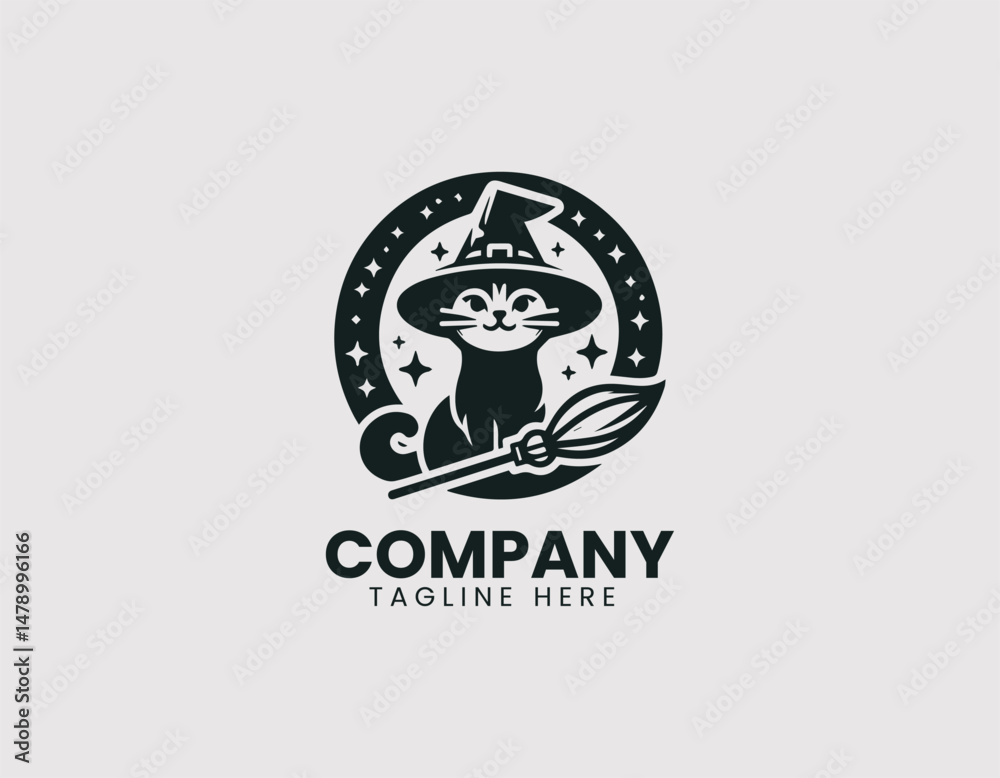 Fototapeta premium Charming Cat Wearing Witch Hat with Broom Illustration Vector Logo Design, Cute Cat in Witch Hat Riding Broomstick Vector Logo
