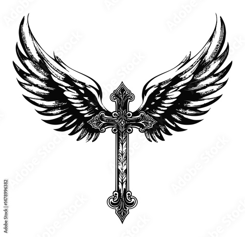 Detailed Black and White Winged Cross Illustration with Decorative Elements