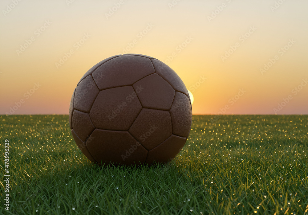 Fototapeta premium Brown Soccer Ball on Dewy Grass at Sunset