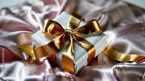 a gift box with a shimmering gold ribbon resting gently on a smooth satin surface