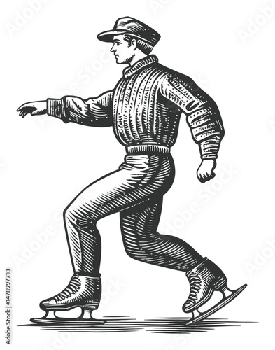 Vintage Illustration of a Man Ice Skating in a Sweater and Cap