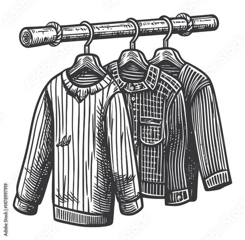 Vintage Style Sketch of Hanging Sweaters and Jackets on Rack
