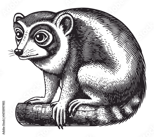 Detailed Black and White Vector Illustration of a Sitting Lemur