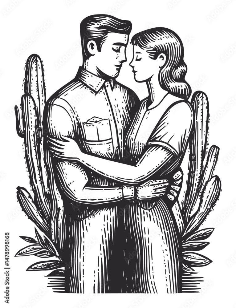 Obraz premium Embracing Couple in a Romantic Desert Scene with Cacti and Flora
