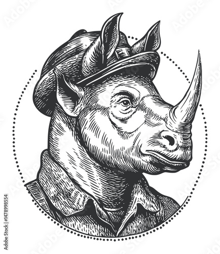 Detailed Vector Illustration of a Rhinoceros Wearing a Hat and Shirt