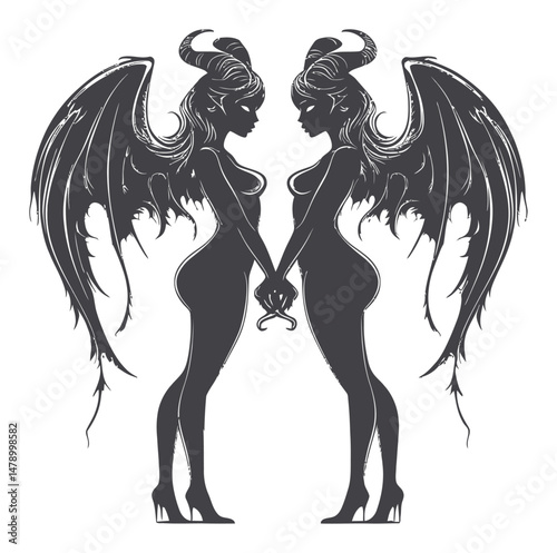 Dual Silhouettes of Winged Figures Holding Hands in Elegant Pose