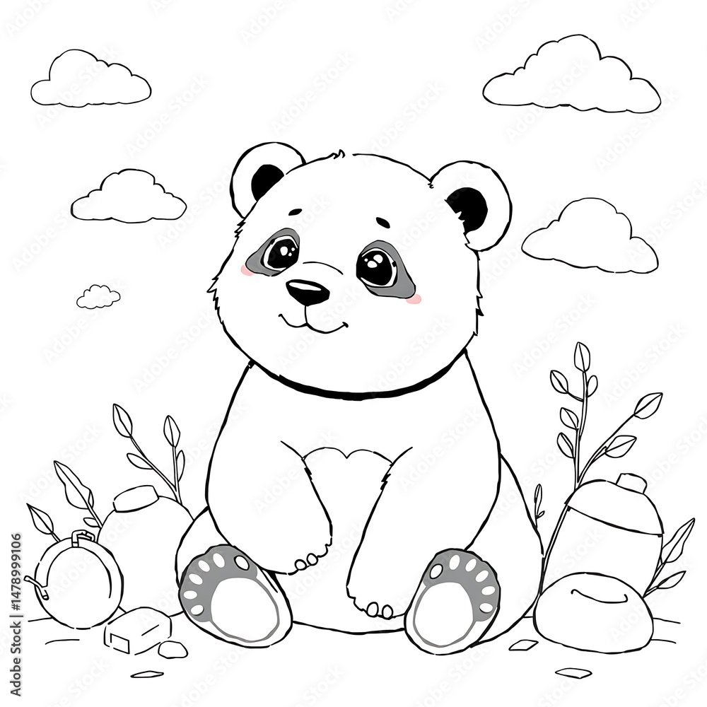 Obraz premium Cute Baby Panda Line Drawing in Minimalist Black and White Coloring Book Style on White Background
