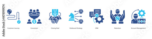 Customer Journey banner web icon sheet vector illustration concept with icon of customer journey, conversion, closing deal, outbound strategy, crm, retention, account management