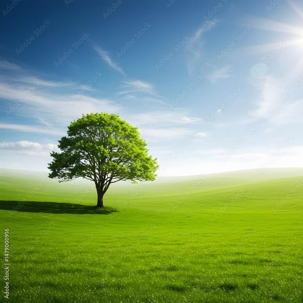 Obraz premium Green Tree on green grassy land and clouds