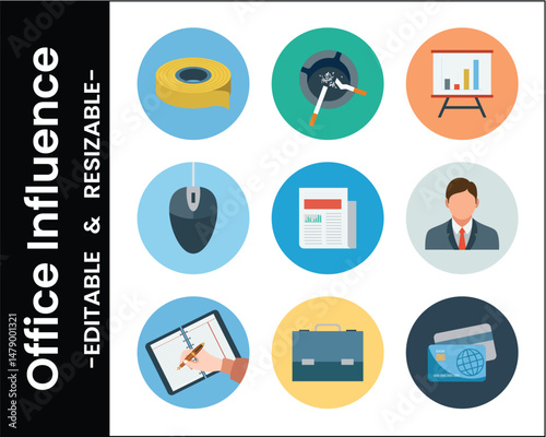 Office Essentials Flat Icons Set In Circular Frames Corporate Business Theme Flat Design Style