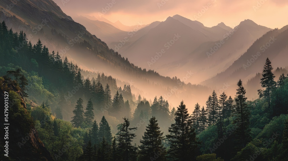 Obraz premium Serene Mountain Landscape at Dawn Misty Forest and Majestic Peaks