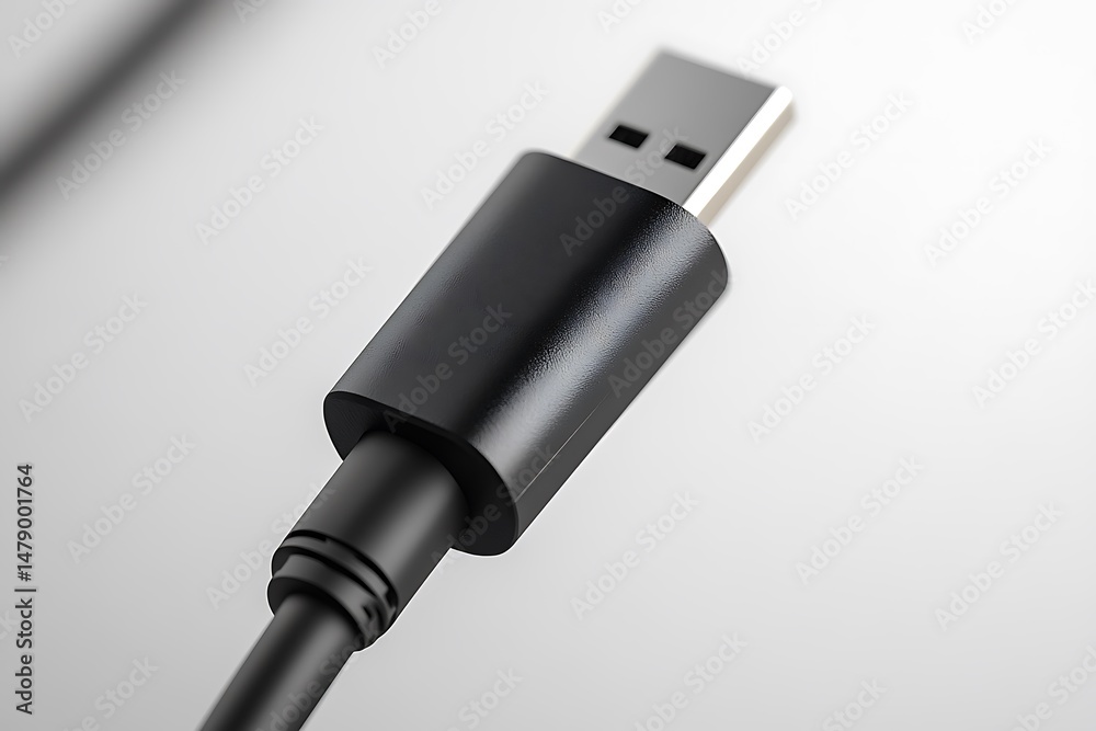 Fototapeta premium Shiny black USB connector and its cable are positioned on a plain white backdrop