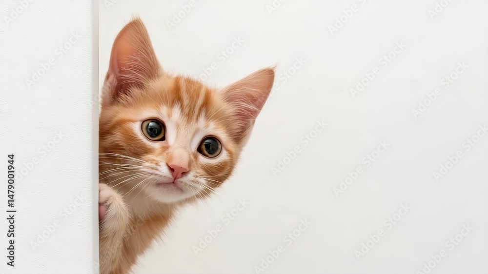 A cat is peeking out from behind a wall. The cat is orange and has a curious expression on its face A cat is peeking out from behind a wall. The cat is orange and has a curious expression on its face