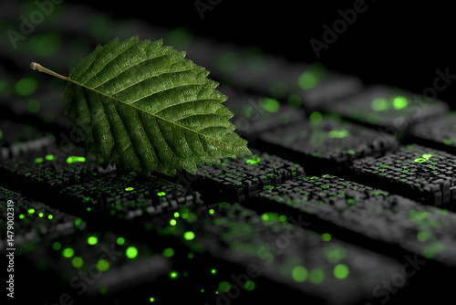 dreamy and subtly lit composite photograph style image featuring a holographic stock chart rising above a stylized green binary code stream and a levitating leaf over a s