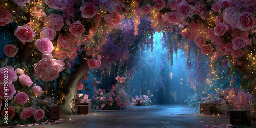 lavish and dreamlike 3d rendering of a stage backdrop featuring a grand arch of large, ornate pink roses and green foliage