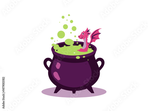 a witches cauldron with green bubbles and pink and purple colors and a small dragon