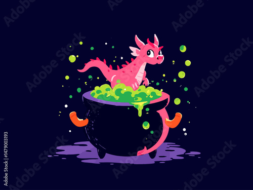 a witches cauldron with green bubbles and pink and purple colors and a small dragon