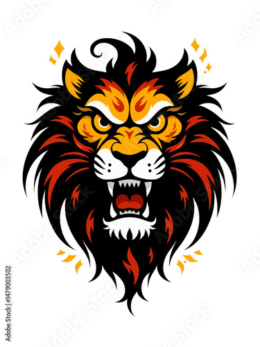 football team logo, hand-painted style, fierce lion face with abstract strokes, glowing eyes 