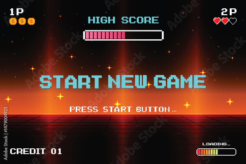 START NEW GAME. pixel art .8 bit game. retro game. for game assets .Retro Futurism Sci-Fi Background. glowing neon grid. and stars from vintage arcade computer games