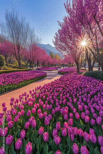 Springtime path lined with blooming tulips