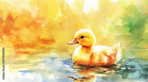 Cute little duck in the lake, vector watercolor illustration