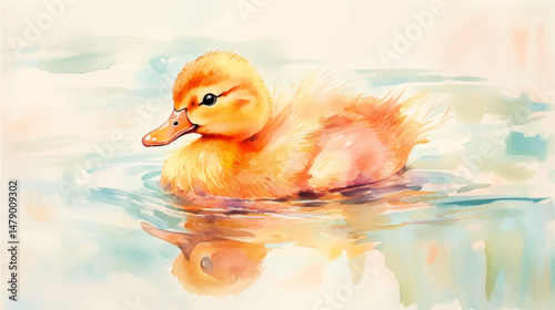Cute little duck in the lake, vector watercolor illustration