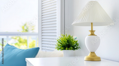 Stylish lamp on white table beside green plant and blue cushion, creating serene and inviting atmosphere in bright room
