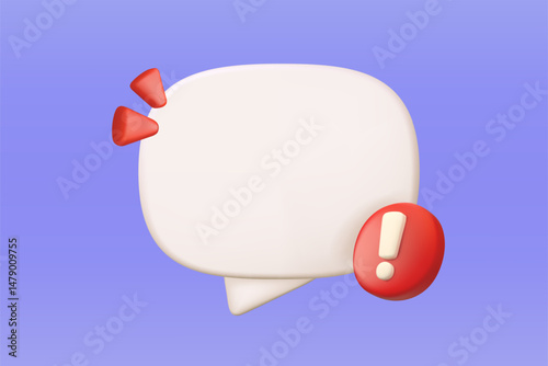Speech bubble with exclamation mark vector 3d icon. Alert sign. Cartoon error message template. Problem notice illustration