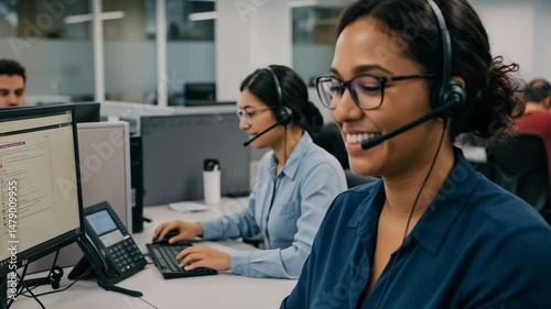Smiling woman wearing headset working in a busy call center with other employees