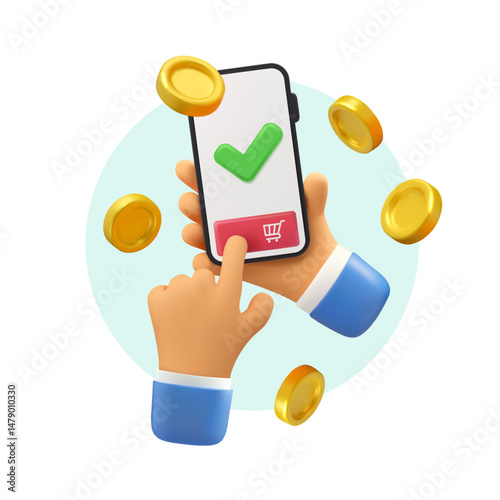 Online shopping vector 3d illustration. Cartoon mobile phone in hands, payment in app icon. Smartphone purchase concept with gold coins flying