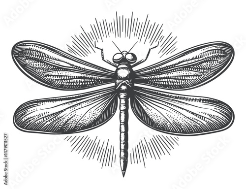 Detailed Vintage Dragonfly Illustration in Black and White Art Style