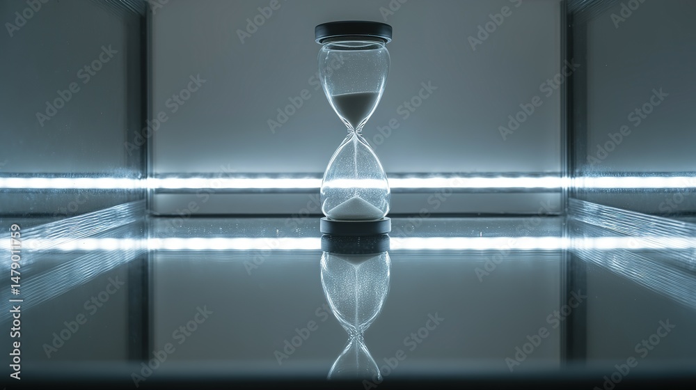 Fototapeta premium A reflective hourglass in a modern display case.