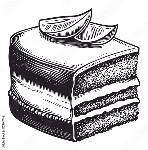 Detailed Black and White Illustration of a Slice of Cake with Toppings