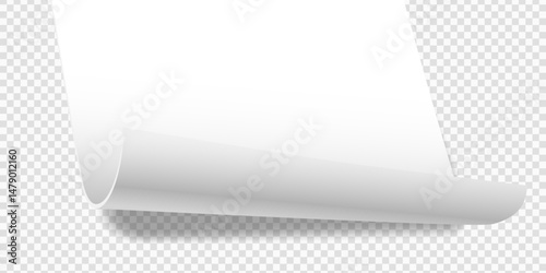 White blank paper rolled from behind. Realistic Mock up paper or fabric roll isolated on transparent. 3D vector mockup template for presentation, advertising, website, apps, banner layout