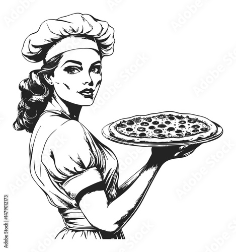 Vintage Style Woman Holding Pizza Plate Vector Illustration Art