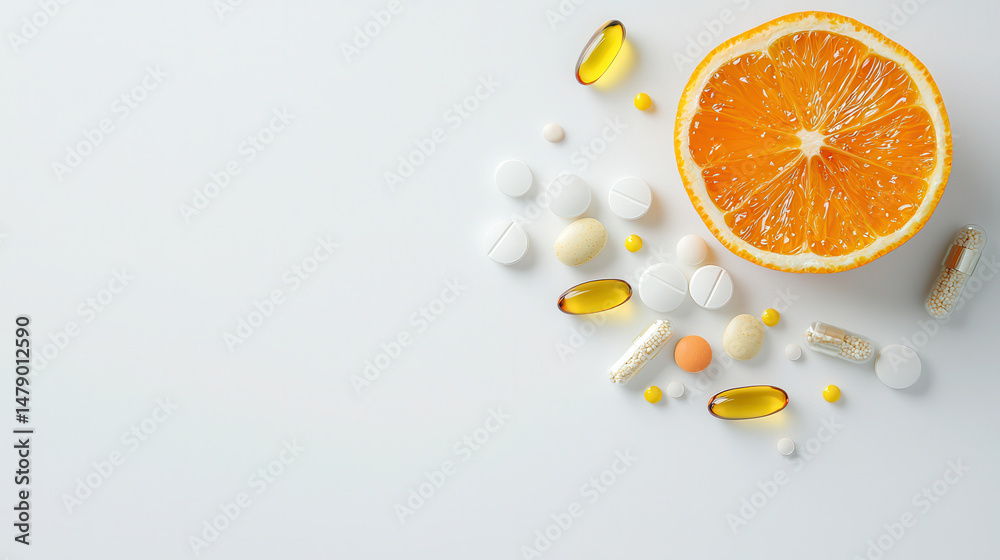 Fototapeta premium Fresh orange slice with assorted vitamins and supplements arranged on light background, showcasing health and wellness