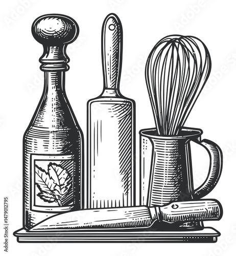 Vintage Kitchen Tools in Engraved Style with Rolling Pin and Whisk