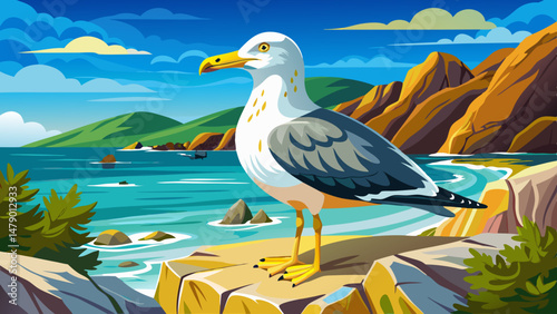 A Yellow-legged Gull (Larus michahellis) stands proudly on the rocky seashore of Montenegro, gazing over the shimmering waters of the Adriatic Sea. Its poised stance and bright yellow legs contrast be