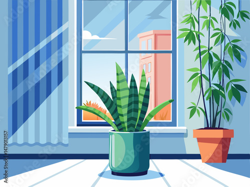 A tall flower pot with a snake plant next to a window. White background, cozy interior vector illustration