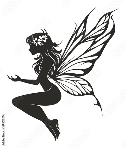 Elegant Fairy Silhouette with Intricate Wings for Creative Projects