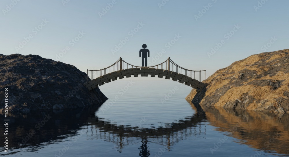 Fototapeta premium A simple figure stands on a small bridge over water.