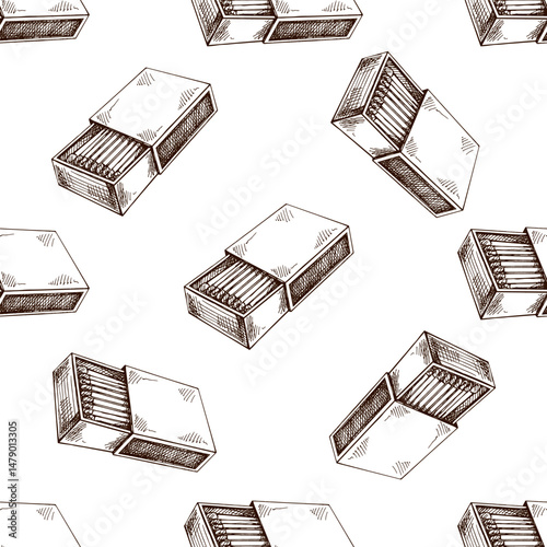 Seamless pattern with hand drawn vintage sketch of open matchbox in monochrome style