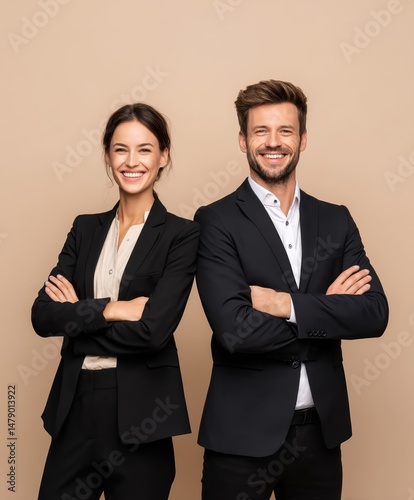 Businessman and Businesswoman Standing Proudly is a high-quality stock photo concept ideal for business, lifestyle, education, advertising, and editorial use.