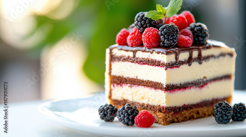 Wallpaper Mural Delicious layered cake topped with fresh berries and mint, showcasing rich chocolate glaze and creamy filling, perfect for dessert lovers Torontodigital.ca